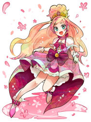 Rule 34 | 1girl, :d, bad id, bad pixiv id, blonde hair, blue eyes, bow, cure flora, dress, earrings, flower, gloves, go! princess precure, haruno haruka, itomugi-kun, jewelry, magical girl, open mouth, pink bow, precure, skirt hold, smile, solo, waist bow, white gloves