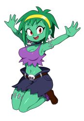 Rule 34 | 1girl, arms up, belt, black footwear, black shorts, breasts, cleavage, colored skin, earrings, green hair, green skin, hairband, highres, jewelry, looking at viewer, medium breasts, midriff, navel, open mouth, rottytops, shantae (series), short hair, shorts, skull belt, skull earrings, smile, solo, stitches, yellow hairband, yuta agc, zombie