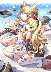 Rule 34 | 2girls, absurdres, anchor symbol, animal ears, azur lane, beach, black dress, black hairband, blonde hair, blue eyes, boots, bow, breasts, broken, cat ears, closed mouth, commentary request, covering privates, covering breasts, crown, day, dirty, dirty face, dress, fingernails, hair between eyes, hair bow, hairband, headgear, highres, kikimi, kneeling, long hair, looking at viewer, mini crown, multiple girls, nail polish, ocean, outdoors, queen elizabeth (azur lane), rock, sand, scarf, unworn scarf, sitting, small breasts, sword, thigh boots, thighhighs, tongue, tongue out, torn boots, torn clothes, torn dress, torn legwear, very long hair, warspite (azur lane), water, weapon, white bow, white footwear, white legwear, white nails, yokozuwari