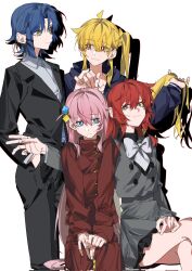 Rule 34 | 4girls, ahoge, arm around shoulder, asymmetrical hair, black jacket, black pants, black suit, blonde hair, blue eyes, blue hair, blue jacket, bocchi the rock!, bow, bowtie, bright pupils, closed mouth, collared shirt, commentary, corrupted twitter file, crossed legs, cube hair ornament, dress, earrings, formal, gotoh hitori, green eyes, grey shirt, grey skirt, hair ornament, hand in pocket, hand on lap, highres, holding hands, ijichi nijika, jacket, jewelry, kita ikuyo, long hair, long sleeves, looking at another, looking at viewer, molu stranger, multiple girls, pants, pink hair, pleated skirt, red dress, red eyes, red hair, shadow, shirt, short hair, side ponytail, simple background, sitting, skirt, smile, stud earrings, suit, suit jacket, very long hair, white background, white bow, white bowtie, white pupils, white shirt, white skirt, yamada ryo, yellow eyes