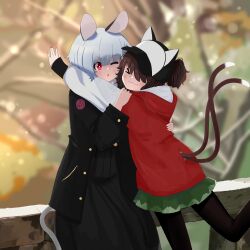 Rule 34 | &gt; &lt;, 2girls, :3, absurdres, alternate costume, alternate hairstyle, animal ear headwear, animal ears, baseball cap, black coat, black dress, black pantyhose, blush, bright pupils, brown hair, cat ears, cat tail, chen, closed eyes, closed mouth, clothing cutout, coat, dress, fake animal ears, fang, fang out, feet out of frame, green skirt, grey hair, hat, highres, hood, hood down, hoodie, hug, long dress, long sleeves, miniskirt, mouse ears, mouse girl, mouse tail, multiple girls, multiple tails, nazrin, nets (netsabyss), one eye closed, open mouth, pantyhose, red eyes, red hoodie, short hair, short ponytail, skirt, smile, tail, tail through clothes, touhou, two tails, white pupils