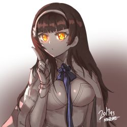 Rule 34 | 1girl, artist name, between breasts, black hair, blush, breasts, cleavage, dated, finger to mouth, girls&#039; frontline, gloves, glowing, glowing eyes, hairband, long hair, looking at viewer, madcore, medium breasts, monochrome, one eye closed, solo, type 95 (girls&#039; frontline), upper body, yellow eyes