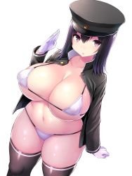 Rule 34 | 10s, 1girl, akitsu maru (kancolle), bikini, black eyes, black hair, black hat, black thighhighs, breasts, cleavage, curvy, female focus, gloves, hat, highres, huge breasts, kantai collection, looking at viewer, micro bikini, military hat, navel, nipples, open mouth, peaked cap, plump, puffy nipples, salute, shiny skin, short hair, simple background, skindentation, solo, standing, string bikini, swimsuit, thick thighs, thighhighs, thighs, tsukumiya amane, white background, wide hips