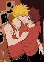 Rule 34 | 2boys, against wall, arm around waist, bakugou katsuki, blonde hair, blush, boku no hero academia, clothes pull, freckles, green hair, hand on another&#039;s ass, highres, hood, hood down, hoodie, kiss, midoriya izuku, multiple boys, necktie, red eyes, red hoodie, red tank top, spiked hair, sweat, tank top, tongue, tongue out, twitter username, ume (326310), yaoi