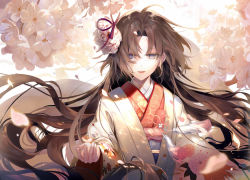 Rule 34 | 1girl, bad id, bad pixiv id, blue sash, brown hair, cherry blossoms, chrysanthemum print, commentary request, fate (series), fingernails, floating hair, floral print, flower, hair flower, hair ornament, japanese clothes, kara no kyoukai, kimono, kouyafu, long hair, long sleeves, looking at viewer, obi, parted bangs, parted lips, petals, purple eyes, red kimono, ryougi shiki, ryougi shiki (third ascension), sash, smile, solo, tassel, upper body, very long hair, wide sleeves