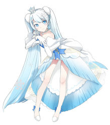 Rule 34 | 1girl, agonasubi, bare shoulders, blue eyes, blue hair, blue ribbon, borrowed design, bracelet, commentary, crown, dress, earrings, elbow gloves, full body, fur-trimmed hair tie, gloves, gradient hair, hatsune miku, jewelry, layered skirt, leaning forward, light blue hair, long hair, looking at viewer, mini crown, miniskirt, multicolored hair, own hands together, pleated skirt, ribbon, skirt, smile, snowflake choker, snowflake pendant, snowflake print, solo, staff (music), standing, striped ribbon, treble clef, twintails, two-tone hair, very long hair, vocaloid, white background, white dress, white footwear, white gloves, white hair, yuki miku, yuki miku (2019) (candidate no.4)