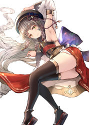 Rule 34 | 1girl, absurdly long hair, arm up, armor, armpits, back bow, bare shoulders, belt, black headwear, black thighhighs, blue bow, blunt bangs, blush, bow, braid, breastplate, closed mouth, detached sleeves, feet out of frame, frills, granblue fantasy, hanamuke, hand on headwear, highres, long hair, long sleeves, looking at viewer, lying, multiple braids, on side, pholia, red skirt, simple background, skirt, smile, solo, thick eyebrows, thighhighs, thighs, very long hair, white background, white sleeves, wide sleeves