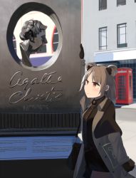 Rule 34 | 1girl, bag, black gloves, black shirt, black shorts, brown coat, brown necktie, cellphone, closed mouth, coat, double bun, earrings, girls&#039; frontline, gloves, hair bun, highres, hinami047, holding, holding bag, holding phone, jewelry, light brown hair, lock, looking away, medium hair, necktie, open clothes, open coat, p90 (girls&#039; frontline), phone, red eyes, scenery, shirt, shorts, smartphone, smile, solo