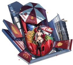Rule 34 | 1girl, ahoge, arm up, armpits, azur lane, bare shoulders, bikini, black bikini, black choker, black footwear, black hair, boots, breasts, car, character name, choker, cleavage, collarbone, company name, confetti, copyright name, ferrari, ferrari laferrari, from above, full body, hand up, highres, jacket, large breasts, latex, latex boots, long hair, long sleeves, looking at viewer, lying, motor vehicle, multi-strapped bikini bottom, navel, off shoulder, official alternate costume, official art, on back, one side up, open clothes, open jacket, parted lips, race vehicle, racecar, red eyes, red jacket, road, sign, skindentation, solo, stomach, string bikini, swimsuit, taihou (azur lane), taihou (enraptured companion) (azur lane), thigh boots, thigh strap, thighhighs, thighs, transparent background, umbrella, very long hair, yunsang