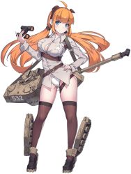 Rule 34 | 1girl, binoculars, blue eyes, blush, breasts, cameltoe, cannon, cleavage, full body, hand on own hip, jacket, large breasts, long hair, looking at viewer, m41a1 bulldog (panzer waltz), mecha musume, official art, orange hair, panties, panzer waltz, personification, smile, solo, standing, tama (tamatamo), thighhighs, transparent background, twintails, underwear, white panties