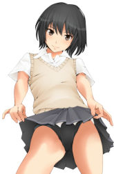 Rule 34 | 1girl, amagami, black hair, brown eyes, clothes lift, competition swimsuit, face, from below, head tilt, kishida-shiki, looking down, nanasaki ai, one-piece swimsuit, pleated skirt, school uniform, short hair, skirt, skirt lift, smile, solo, sweater vest, swimsuit, swimsuit under clothes