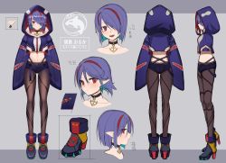 Rule 34 | 1girl, :d, absurdres, amahara subaru, anchor choker, black choker, blue hair, blue hoodie, blue shorts, boots, brown pantyhose, character sheet, choker, crop top, crop top overhang, denim, denim shorts, fangs, flat chest, garter straps, hair over one eye, high heel boots, high heels, highleg, highres, hood, hoodie, indie virtual youtuber, isonade orca, long legs, long sleeves, looking at viewer, micro shorts, midriff, multicolored hair, multiple views, navel, open fly, open mouth, pantyhose, pointy ears, short hair, short shorts, shorts, sleeves past fingers, sleeves past wrists, smile, stomach, streaked hair, virtual youtuber