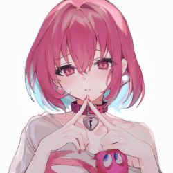 Rule 34 | 1girl, blue hair, collar, collarbone, earrings, hair between eyes, hands up, heart-shaped lock, highres, idolmaster, idolmaster cinderella girls, index fingers together, jewelry, kitere, looking at viewer, nail polish, parted lips, pill earrings, pink eyes, pink hair, pink nails, raised eyebrows, shirt, short hair, simple background, single bare shoulder, skeleton print, solo, upper body, white background, white shirt, yumemi riamu