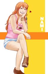 Rule 34 | 1girl, bracelet, character name, head rest, closed eyes, grin, heart, jewelry, knee up, crossed legs, long hair, nami (one piece), one piece, orange hair, piyokichi (kichinko), sandals, shorts, sitting, smile, solo, striped, striped background, tank top, tattoo, thighs