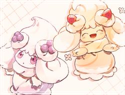 Rule 34 | :d, alcremie, alcremie (strawberry sweet), bad id, bad pixiv id, blush, closed eyes, commentary request, creatures (company), facing viewer, food, from above, fruit, game freak, gen 8 pokemon, nao (naaa 195), nintendo, no humans, open mouth, pokemon, pokemon (creature), smile, strawberry, tongue