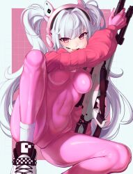 Rule 34 | 1girl, :d, alice (nikke), animal ear headphones, animal ears, bodysuit, breasts, covered navel, cropped jacket, fake animal ears, gloves, goddess of victory: nikke, grey hair, gun, headphones, headset, highres, holding, holding weapon, impossible bodysuit, impossible clothes, jacket, knee up, latex, latex bodysuit, light blush, long hair, medium breasts, open mouth, pichipeek, pink bodysuit, pink eyes, pink gloves, puffy sleeves, red jacket, rifle, shoes, sidelocks, sitting, skin tight, smile, sneakers, sniper rifle, socks, solo, twintails, two-tone gloves, weapon, white footwear, white gloves, white socks