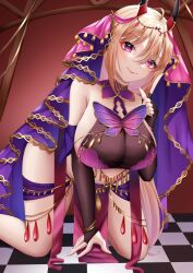 Rule 34 | 1girl, all fours, arabian clothes, azur lane, bare shoulders, black gloves, blonde hair, breasts, bridal gauntlets, bug, butterfly, chain, checkered floor, closed mouth, crop top, dancer, detached collar, elbow gloves, gloves, gold chain, gold trim, hair between eyes, hanging breasts, harem outfit, highres, horns, indoors, insect, jewelry, kneeling, konparu uran, kumano (azur lane), kumano (one thousand and one nights&#039; wishes) (azur lane), large breasts, long hair, looking at viewer, midriff, official alternate costume, on floor, oni horns, pelvic curtain, pink eyes, purple butterfly, purple eyes, red horns, revealing clothes, sideboob, smile, solo, thighs, tile floor, tiles, veil, very long hair