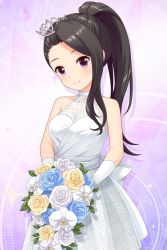 Rule 34 | alternative girls, bare shoulders, black hair, blue flower, blue rose, blush, bouquet, bride, closed mouth, dress, elbow gloves, flower, gloves, highres, holding, holding bouquet, long hair, looking at viewer, official art, purple background, purple eyes, rose, saionji rei, simple background, smile, solo, tiara, wedding dress, white dress, white flower, white gloves, white rose, yellow flower, yellow rose