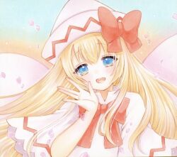 Rule 34 | 1girl, blonde hair, blue eyes, bow, bowtie, cape, capelet, commentary, dress, fairy, fairy wings, falling petals, hat, hat bow, light blush, lily white, long hair, looking at viewer, marker (medium), open mouth, petals, pink cape, pink hat, pink petals, red bow, red bowtie, smile, solo, touhou, traditional media, very long hair, wings, yuuki hana (jtnp5334)