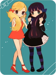 Rule 34 | 10s, 2girls, alternate hairstyle, blonde hair, blush, bow, dress, gothic lolita, green eyes, hair bow, high heels, lolita fashion, mary janes, multicolored hair, multiple girls, nail polish, panty &amp; stocking with garterbelt, panty (psg), pantyhose, pink hair, ponytail, purple hair, red dress, shoes, siblings, simple background, smile, stocking (psg), thighhighs