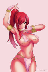 Rule 34 | 1girl, alternate costume, arm up, armlet, armpits, bare shoulders, belly dancer, breasts, bridal gauntlets, brown eyes, cleavage, dancer, erza scarlet, fairy tail, hair over one eye, harem outfit, hevn, jewelry, large breasts, loincloth, long hair, midriff, navel, neck ring, nipples, pelvic curtain, ponytail, red hair, see-through, sidelocks, simple background, solo, sweat, underboob, watermark, web address