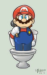 Rule 34 | 1boy, annoyed, blue eyes, facial hair, gloves, hat, long sleeves, looking at viewer, male focus, mario, mario (series), mustache, nintendo, overalls, plunger, thebourgyman, toilet