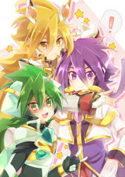 Rule 34 | !, 3boys, :&gt;, armor, blonde hair, commentary, fingerless gloves, gloves, goggles, green eyes, green hair, jacket, long sleeves, looking at viewer, male focus, multiple boys, multiple persona, open mouth, polka dot, polka dot background, purple eyes, purple hair, purple shirt, rento (rukeai), saikyou ginga ultimate zero ~battle spirits~, shirt, smile, spiked hair, spoken exclamation mark, star (symbol), starry background, v, white gloves, white jacket, yellow eyes, zero the flash, zero the glint, zero the hurricane