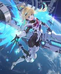 Rule 34 | 1girl, ahoge, blonde hair, blue eyes, commentary request, dress, fang, full body, hair ornament, headphones, long hair, looking at viewer, magnetic weapon, multicolored hair, official art, open mouth, planet, ponzu (catponz), railgun, reaching, reaching towards viewer, shadowverse, solo, space, space station, sparkle, weapon