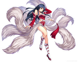 Rule 34 | 1girl, ahri (league of legends), atomix, black hair, blush, breasts, detached sleeves, fox, fox tail, image sample, korean clothes, league of legends, legs, long hair, looking at viewer, medium breasts, multiple tails, simple background, smile, solo, tail, thighs, yellow eyes