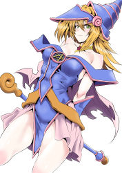 Rule 34 | 1girl, absurdres, arms behind back, bare legs, bare shoulders, blonde hair, blue dress, blue gloves, blue hat, blush, breasts, cleavage, closed mouth, collarbone, dark magician girl, dress, duel monster, dutch angle, female focus, gloves, green eyes, hair between eyes, hat, highres, jewelry, kimuwaipu, large breasts, legs, long hair, looking at viewer, neck, necklace, off-shoulder dress, off shoulder, pentacle, simple background, smile, solo, standing, star (symbol), wand, white background, wizard hat, yu-gi-oh!, yu-gi-oh! duel monsters