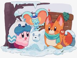 Rule 34 | :d, animal hands, black eyes, bright pupils, elfilin, floating, happy, highres, kirby, kirby (series), kirby and the forgotten land, knit hat, large ears, mofupoyo, nintendo, no humans, open mouth, outdoors, smile, snow, standing, tail, white pupils, winter