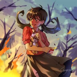 Rule 34 | 1girl, artist name, black eyes, black hair, black skirt, collared shirt, don&#039;t starve, fire, gray cat06001, highres, holding, holding lighter, holding stuffed toy, lighter, outdoors, puffy short sleeves, puffy sleeves, red shirt, shirt, short sleeves, skirt, smile, solo, stuffed animal, stuffed toy, teddy bear, tree, twintails, willow (don&#039;t starve)