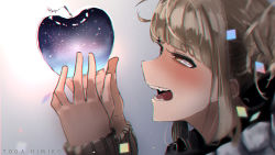 Rule 34 | 10s, 1girl, apple, beige sweater, blonde hair, blush, boku no hero academia, character name, commentary request, fangs, food, from side, fruit, galaxy, hair bun, half-closed eyes, happy, highres, holding, holding food, messy hair, open mouth, out of frame, portrait, short hair, simple background, single hair bun, solo, star (symbol), teeth, toga himiko, tongue, yellow eyes, zd (pixiv6210083)