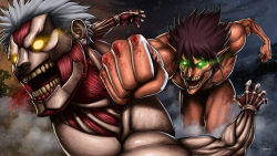 Rule 34 | 2boys, armored titan, blood, blood from mouth, blood on hands, brown hair, glowing, glowing eyes, green eyes, highres, male focus, multiple boys, muscular, open mouth, pointy ears, punching, rogue titan, sam delatore, shingeki no kyojin, signature, silver hair, titan (shingeki no kyojin), yellow eyes