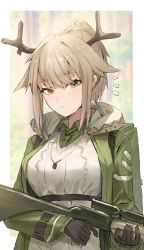 Rule 34 | 1girl, ^^^, absurdres, antlers, arknights, backpack, bag, black gloves, blush, breasts, brown hair, closed mouth, collared shirt, firewatch (arknights), gloves, green jacket, grey shirt, highres, hood, hood down, hooded jacket, horn/wood, horns, jacket, jewelry, large breasts, long sleeves, looking at viewer, mole, mole under eye, necklace, open clothes, open jacket, ponytail, shirt, short hair, short ponytail, solo, sweater, upper body, white sweater, yellow eyes
