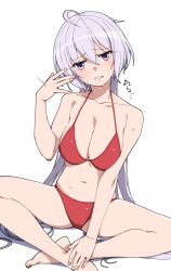 Rule 34 | 1girl, ahoge, bikini, breasts, commentary request, grey hair, hair between eyes, hand fan, indian style, large breasts, long hair, looking at viewer, low twintails, purple eyes, red bikini, senki zesshou symphogear, simple background, sitting, solo, sweat, swimsuit, tsukamoto kensuke, twintails, white background, yukine chris