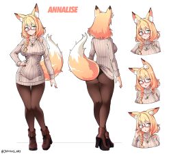 Rule 34 | 1girl, absurdres, animal ear fluff, animal ears, aran sweater, ass, asymmetrical hair, blonde hair, braid, breasts, brown footwear, brown pantyhose, brown sweater, cable knit, character sheet, contrapposto, covered navel, double-parted bangs, dress, expressions, fox ears, fox girl, fox tail, from behind, full body, gradient hair, green eyes, green hair, hair over shoulder, highres, jarckius, large breasts, long hair, long sleeves, looking at viewer, multicolored hair, orange hair, original, pantyhose, red-framed eyewear, ribbed sweater, simple background, sweater, sweater dress, tail, thigh gap, thighs