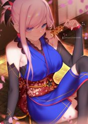 Rule 34 | 1girl, bare shoulders, black thighhighs, blue eyes, blue kimono, breasts, closed mouth, commentary, crossed legs, dango, detached sleeves, dmith, earrings, english commentary, fate/grand order, fate (series), food, hair between eyes, hair ornament, holding, holding food, japanese clothes, jewelry, kimono, large breasts, looking at viewer, miyamoto musashi (fate), miyamoto musashi (first ascension) (fate), obi, patreon username, petals, pink hair, ponytail, sash, shadow, single sidelock, sitting, sleeveless, sleeveless kimono, smile, solo, swept bangs, thighhighs, wagashi