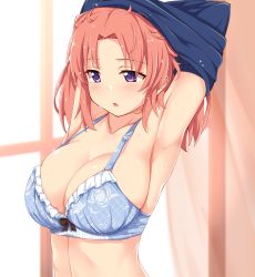 Rule 34 | 1girl, armpits, arms up, blue bra, blush, bra, breasts, cleavage, clothes lift, collarbone, commentary request, dou-t, highres, indoors, large breasts, mikakunin de shinkoukei, open mouth, parted bangs, pink hair, purple eyes, shirt lift, short hair, solo, sweat, underwear, yonomori kobeni