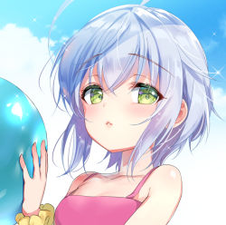 Rule 34 | 1girl, :&lt;, ahoge, bad id, bad pixiv id, ball, bare shoulders, blue sky, blush, breasts, closed mouth, cloud, cloudy sky, collarbone, day, emily (pure dream), fingernails, green eyes, hair between eyes, hand up, holding, holding ball, looking at viewer, original, outdoors, scrunchie, silver hair, sky, small breasts, solo, upper body, wrist scrunchie, yellow scrunchie