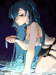 Rule 34 | 1girl, arm support, blue eyes, blue hair, from side, highres, insektententen, jitome, leash, long hair, looking at viewer, mole, mole under eye, original, partially submerged, signature, solo, swimsuit, water