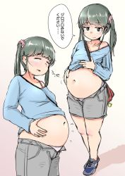 Rule 34 | ..., 1girl, bag, big belly, blunt bangs, blush, breasts, character request, closed eyes, closed mouth, clothes lift, commentary request, copyright request, full body, furrowed brow, gradient background, green hair, highres, jitome, long sleeves, multiple views, navel, parted lips, pocket, shadow, shigekikkusu, shirt lift, shorts, small breasts, speech bubble, spoken ellipsis, translated, twintails