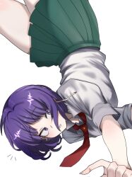 Rule 34 | 1girl, bare legs, boku no hero academia, chizodazou, green skirt, highres, jirou kyouka, looking to the side, necktie, pleated skirt, purple eyes, purple hair, red tie, school uniform, shirt, short hair, simple background, skirt, solo, upside-down, white background, white shirt