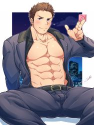 Rule 34 | 1boy, abs, bara, bare pectorals, blush, bulge, come hither, condom, condom wrapper, feet out of frame, formal, grey jacket, grey suit, highres, holding, holding condom, idolmaster, idolmaster side-m, jacket, large pectorals, long sideburns, looking at viewer, male focus, muscular, muscular male, navel, nipples, official alternate costume, open clothes, open jacket, open shirt, pectorals, seductive smile, shingen seiji, short hair, sideburns, sitting, smile, solo, spread legs, stomach, suit, tepen (tptptpn), thick thighs, thighs
