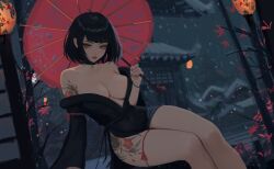 1girl black_dress blunt_bangs breasts choker cleavage dress green_eyes highres holding holding_umbrella lipstick long_sleeves looking_down makeup neo_(neorarty3) off_shoulder oil-paper_umbrella original short_hair sitting snow tattoo umbrella