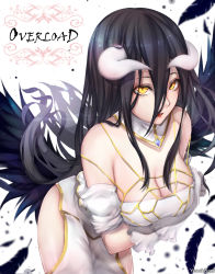 Rule 34 | 1girl, albedo (overlord), bad id, bad pixiv id, bare shoulders, black hair, black wings, breast hold, breasts, cleavage, collarbone, demon horns, dress, hair between eyes, highres, horns, large breasts, leaning forward, long hair, looking at viewer, open mouth, overlord (maruyama), smile, solo, standing, white dress, wings, yellow eyes, yeooudam