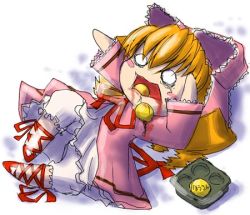 Rule 34 | 00s, 1girl, blonde hair, blush stickers, bow, chibi, chibi only, hinaichigo, lowres, lying, o o, on back, pink bow, rozen maiden, solo