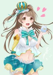 Rule 34 | 10s, 1girl, 28aarts, blue background, breasts, brown eyes, brown hair, cleavage, detached sleeves, eyebrows, green ribbon, hat, holding, large breasts, long hair, looking at viewer, love live!, love live! school idol festival, love live! school idol project, matching hair/eyes, minami kotori, minami kotori (bird), multiple girls, navel, open mouth, ribbon, shirt, simple background, skirt, solo, striped, striped ribbon, white shirt