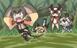 Rule 34 | 4girls, animal ears, animal print, bird tail, black hair, blonde hair, brown eyes, brown hair, buruma, cheetah (kemono friends), cheetah girl, cheetah print, cheetah tail, commentary request, constricted pupils, day, disgust, elbow gloves, extra ears, falling, fleeing, frilled lizard (kemono friends), gloom (expression), gloves, greater roadrunner (kemono friends), grey hair, hair tubes, hand on own hip, hand to own mouth, hand up, horns, jacket, kemono friends, lizard tail, long hair, long sleeves, looking at another, looking down, looking up, medium hair, multicolored hair, multiple girls, neck ribbon, open clothes, open jacket, orange eyes, outdoors, outstretched arms, partially submerged, print gloves, pronghorn (kemono friends), ribbon, running, shirt, shoes, short sleeves, short twintails, shorts, spread arms, srd (srdsrd01), standing, sweat, t-shirt, tail, tail raised, thighhighs, track jacket, turn pale, twintails, v-shaped eyebrows, walking, walking on liquid, white hair, wide-eyed