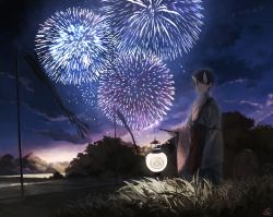 Rule 34 | 1boy, aerial fireworks, arm at side, banner, black hair, blue eyes, blue sky, closed mouth, clothing request, cloud, commentary request, expressionless, fireworks, grass, hand up, highres, hise, holding, holding lantern, horns, japanese clothes, lantern, looking at viewer, male focus, night, night sky, obon, original, outdoors, paper lantern, scenery, short hair, signature, skin-covered horns, sky, solo, standing, tree, wide shot, wide sleeves